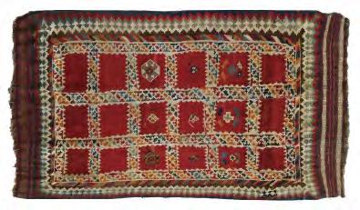 (+24% BP*) Lot 415 Lot 415 Mid 20th Century Middle Eastern flat-woven rug or kilim, the tomato red field of eighteen panels within polychrome