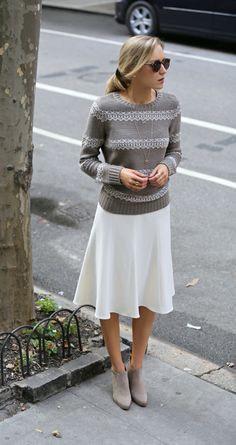 A classic A-line midi and sweater work well with a slim cut suede bootie... Flats.