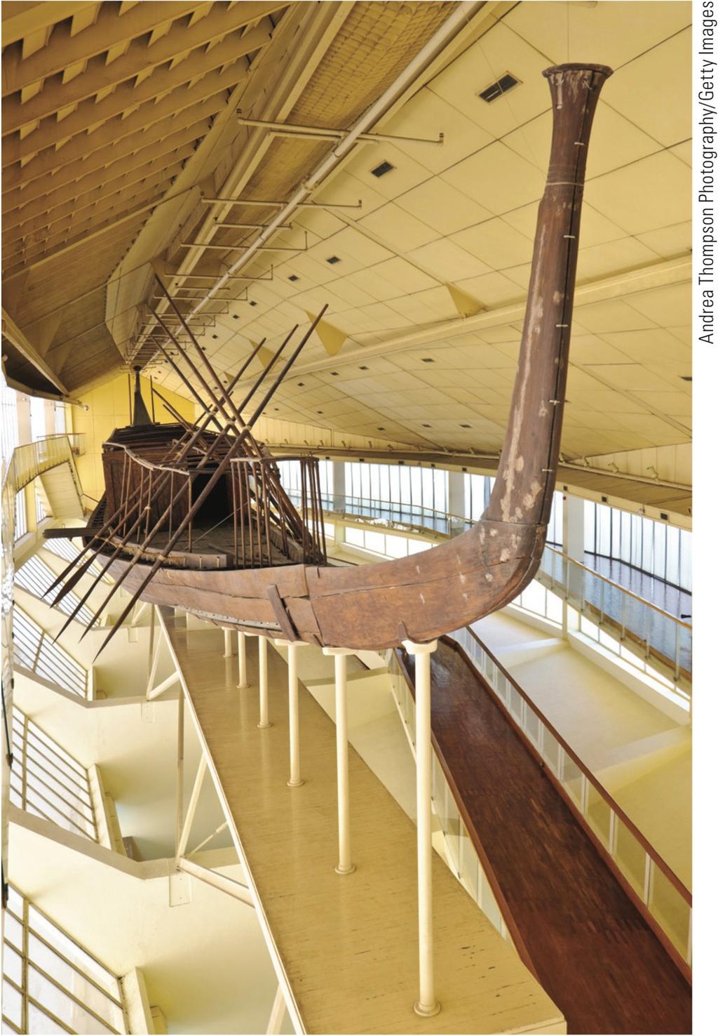 Solar Ship of King Khufu This full-size ship (143 feet [43.6 meters] long and 19.5 feet [5.9 meters] wide) was buried in a pit at the base of the Great Pyramid circa 2500 B.C.E.