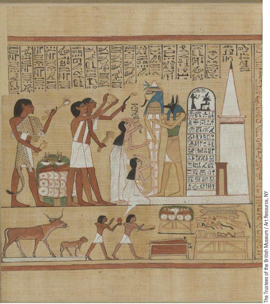 Scene from the Egyptian Book of the Dead, circa 1300 B.C.E. The mummy of a royal scribe named Hunefar is approached by members of his household before being placed in the tomb.