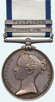 CAMPAIGN SINGLES 1144 NAVAL GENERAL SERVICE MEDAL, 1793-1840, two clasps, 1 June 1794, Trafalgar (John Greenslade.); officially impressed.