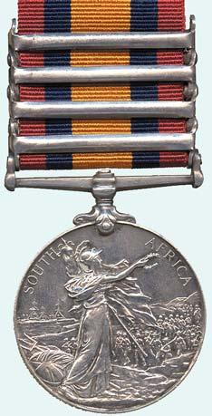 1152 QUEEN S SOUTH AFRICA MEDAL, 1899-1902, 2 nd type obverse with feint ghosting, three clasps, Cape Colony, Orange Free State, Johannesburg (8719 Pte D. Rennie, Cldstm: Gds); officially impressed.