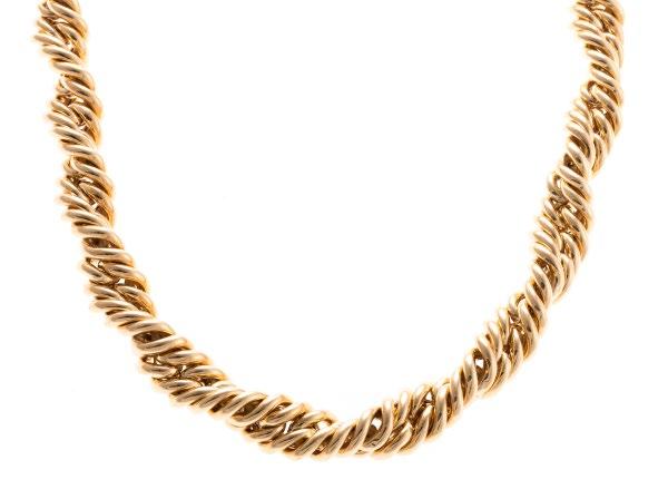 $200-400 316 A Lady s Wide Heavy San Marco Necklace 14K yellow gold necklace made in Italy, wide San Marco design, 22.5mm W, hidden box clasp with figure 8 safety, 17 in. L, 144.8 grams Est.
