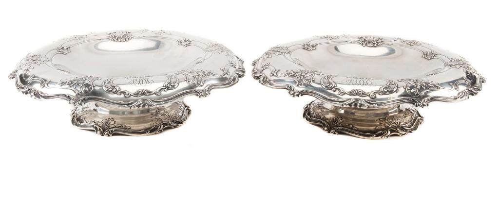 SILVER 506 Pair of Gorham sterling compotes 1901 date mark, pattern A2302, pedestal compote with shallow well, bowl with gentle overhang, the scrolling rim with branch and berry motif, two reserves