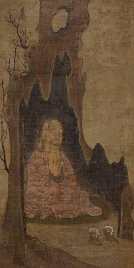 235* A Chinese Painting on Silk of Vanavasa Meditating, Anonymous, Late Song Dynasty or later, depicting the luohan meditating in the hollow of a grotto, with bare trees depicted behind the cave, the