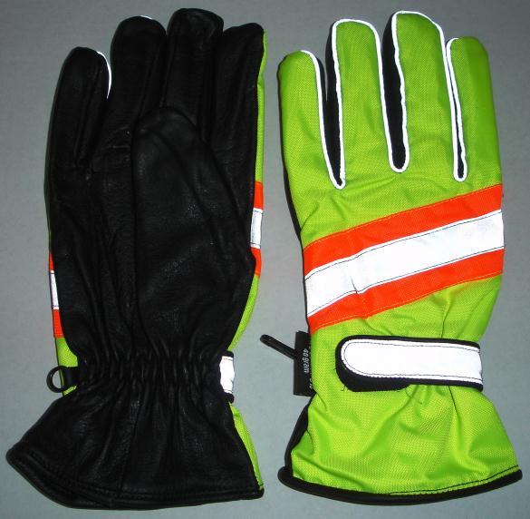 GLOVES Available from stock; Fluorescent yellow back with orange strip gloves; Features: Leather/300D water resistant oxford fabric; Soft leather palm for enhanced grip; 3M reflective tape