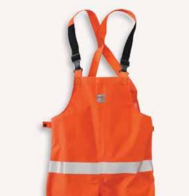 IIIA fabric with FR neoprene moisture barrier Rainproof Chemical splash Attached hood and stowaway functionality Two front patch pockets with flaps Lanyard pass-through for safety harness