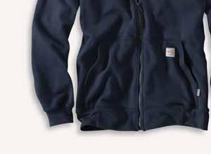 spandex-reinforced rib-knit cuffs and waistband Front hand-warmer pocket Carhartt FR and NFPA 2112/CAT 3 labels sewn on pocket Meets the performance requirements of NFPA 70E and is UL Classified to