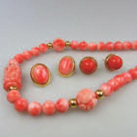 297 Single Strand Coral Bead Necklace with 14k yellow gold clasp and spacers; together with two pairs
