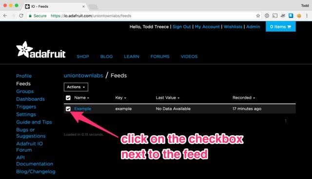 Next, click on the Actions menu and select Delete Selected Feeds from