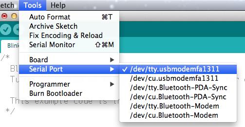 Also in the Tools menu, under "Serial Port," choose the one that contains the phrase "usbmodem" if you have a Mac.