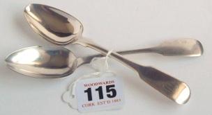 silver tablespoon with fiddle pattern crested handle by John Power, 1800, 9ins long, 64 grams