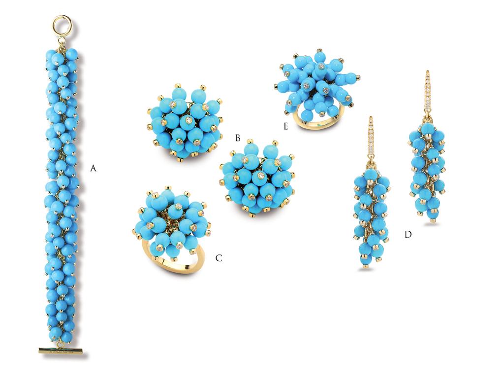 The Sleeping beauty Collection A. Turquoise Braided Bracelet Weights 2.35 ct In Diamonds Price $28,200.00 B. Turquoise Pom Pom Earrings Weights.92 pts In Diamonds Price $8,700.00 C.
