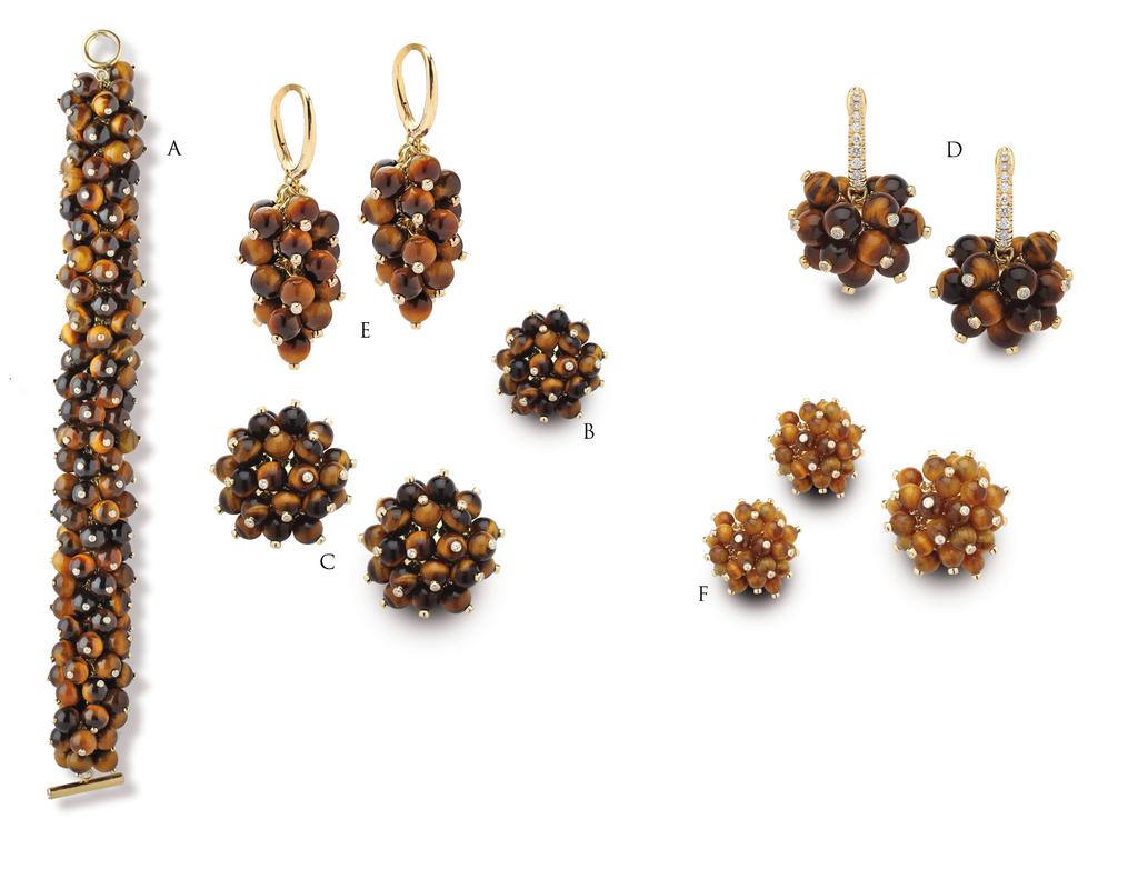 the Tiger Eye Collection A. Tiger Eye Bracelet Weights 2.35 ct In Diamonds Price $16,000.00 B. Tigers eye Pom Pom Ring Price $4,000.00 C. Tigers Eye Pom Pom Earrings Weights.