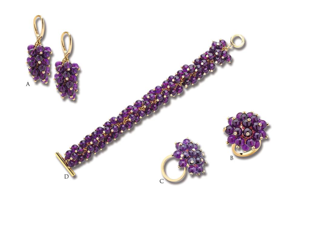 The African Collection A. Amethyst Drop Earrings Weights.60 pts In Diamonds Price $5,400.00 B. Large Amethyst Pom Pom Ring Price $4,000.00 C.