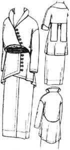 The one-piece lower part is in clearing length and its lower edge measures about one yard and five-eighths with inverted plait. The waist-coat-belt may be used or omitted.