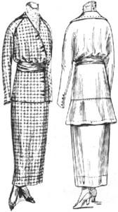 The skirt is cut in clearing length and is attached at a slightly raised waistline. It is formed of two pieces lengthened at the front and sides by a circular flounce.