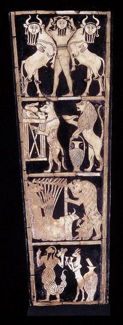 Title: Front panel, the sound box of the Great Lyre Medium: Wood with shell inlaid in bitumen Size: height 12¼