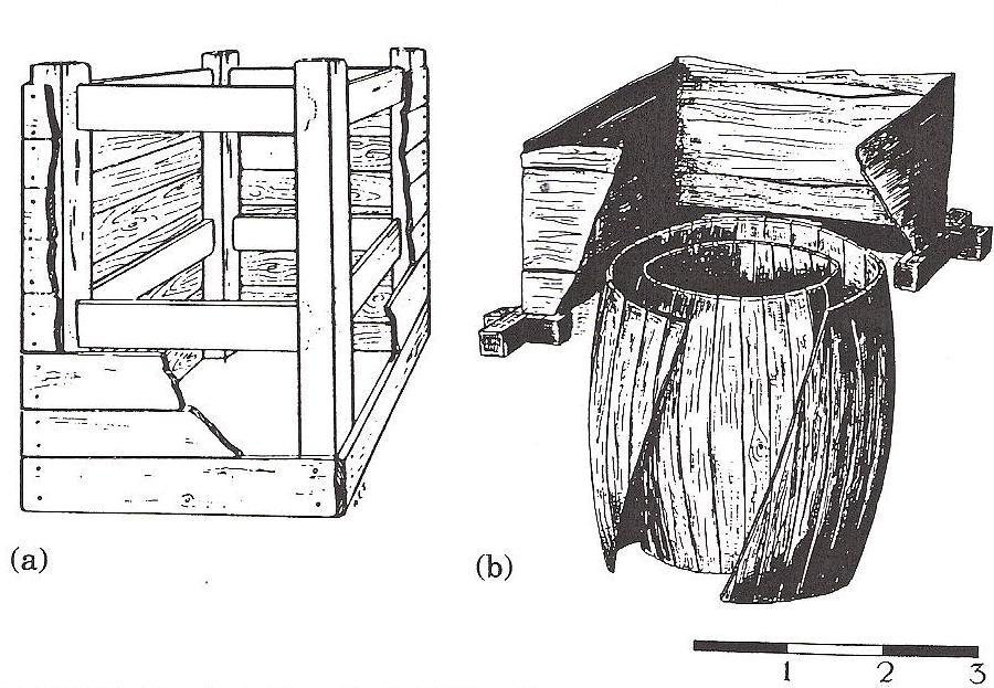 planks; these would be made individually and then stacked upon each other. The second being round, which were normally barrels which had the bases taken out then stacked upon each other.