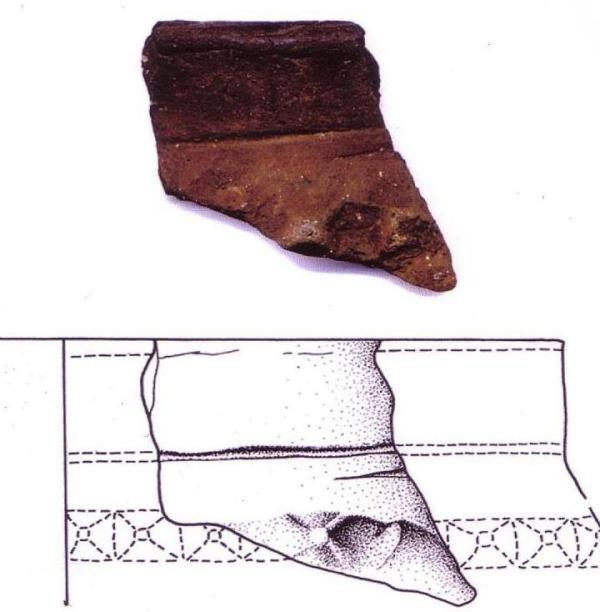 Two late Bronze Age rims with finger decoration A small number of sherds had surfaces with vertical finger marks.