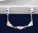 This sterling silver plated bracelet has silver heart charms that have different color ribbons: blue, orange, pink, purple and