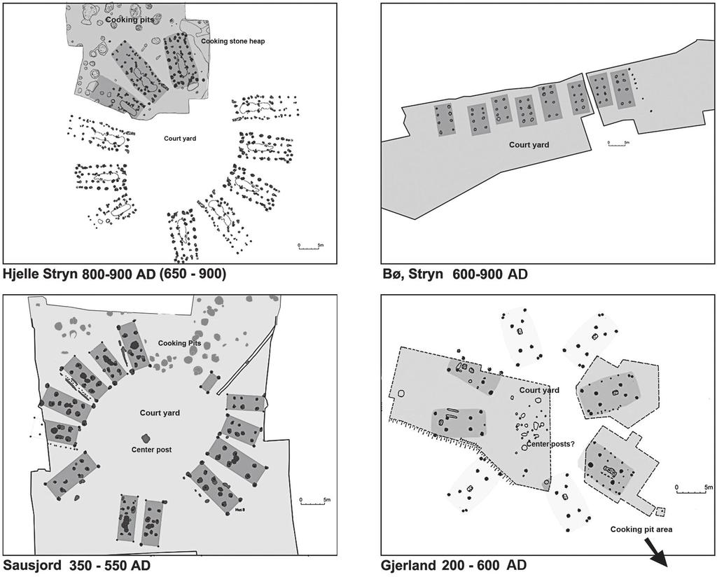 4. Courtyard sites in western Norway 45 Fig. 4.2. Plan drawings of the four courtyard sites in western Norway: Hjelle, Stryn (Olsen 2005: fig.