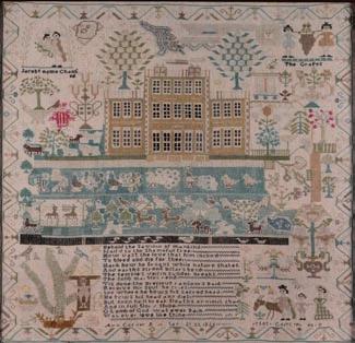 593. A mid 19th Century needlework sampler, with banded decoration of alphabet, verse, flowering shrubs, animals, insects