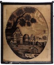A Regency period monochrome, oval silkwork picture depicting a farmyard scene, with figures, grazing horse, chickens,