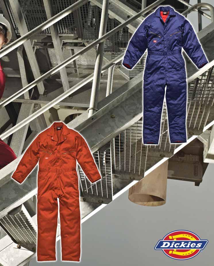 DICKIES LINED COVERALL - WD2360 Reinforced stress points. Concealed heavy duty two way YKK brass zip. Stud adjustable cuff. Hammer loop. Studded neck closure. Action back allowing easy body movement.