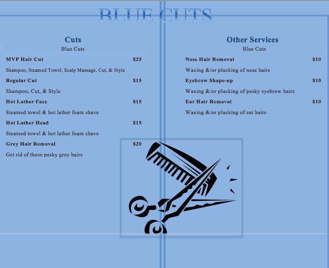 12 Marketing Plan Price Below, you can find the menu for Blue Cuts. We price the regular cut, which includes a shampoo, cut, and style for $15. We also offer our MVP Hair Cut at a price of $25.