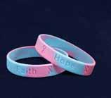 A flexible bangle bracelet that has the words Hope, Faith, Love with pink ribbons. Adult: (B-22-16H) Size: 7 3/4 in.