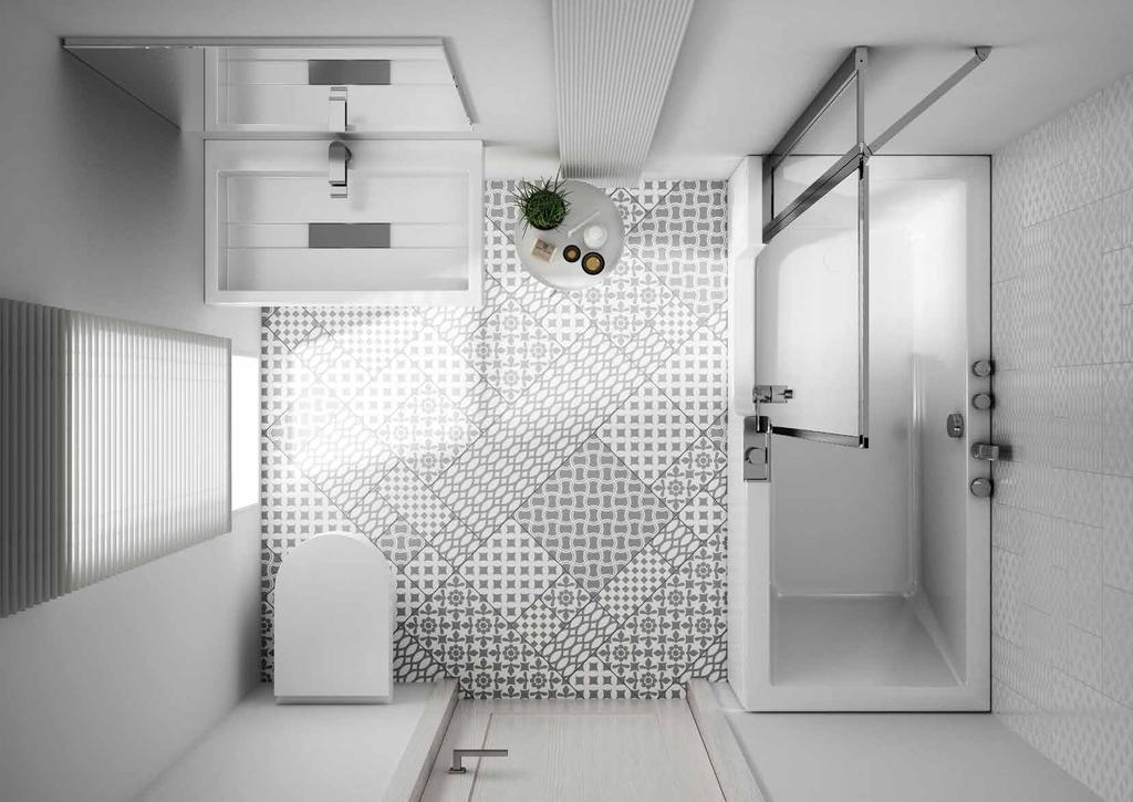 SMALL SPACES, GREAT BATHROOMS Prêt-à-porter blends in seamlessly with any setting thanks to its modular nature: this product combines a bathtub and a shower to satisfy the most diverse installation