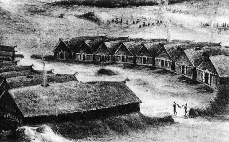 Fig. 7. Reconstruction of the Steigen courtyard site, note the mound in the centre of the yard. After Egenæs Lund, Tromsø Museum.