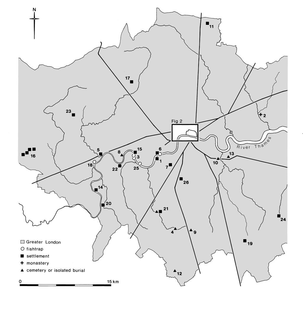 Fig.1. The London region in the period 450-600, showing sites mentioned in the text (after Cowie 2000). 1. Battersea; 2. Barking; 3. Barn Elms; 4. Beddington; 5. Brentford; 6. Chelsea; 7. Clapham; 8.