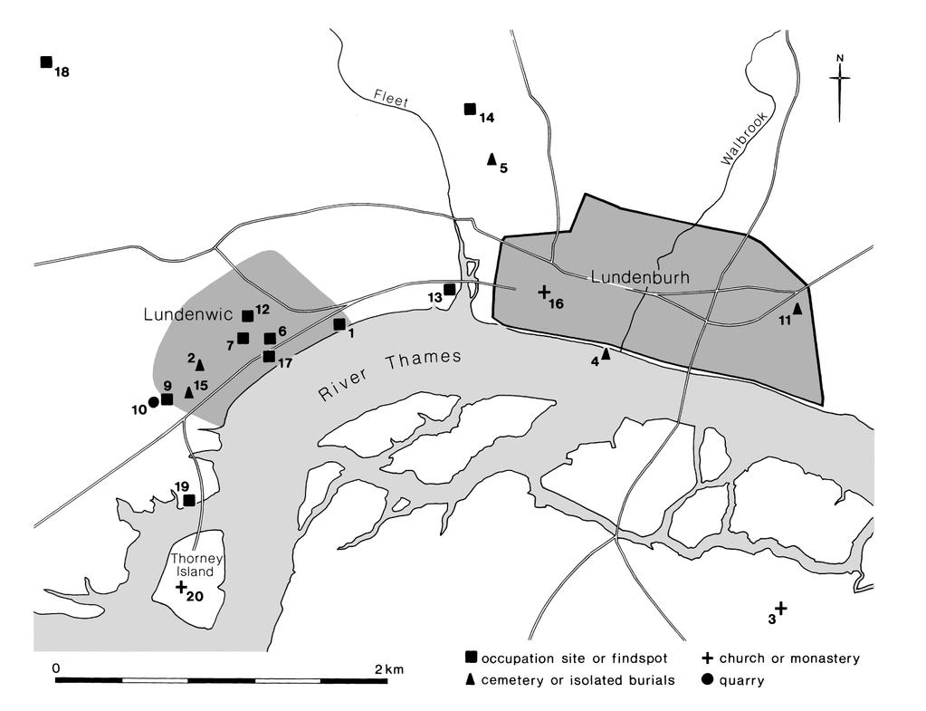 Fig. 2. Lundenwic and the former Roman city, showing sites mentioned in the text (after Cowie 2000). 1. Arundel House; 2. Bedfordbury; 3. Bermondsey Abbey; 4. Bull Wharf; 5. Cowcross Street; 6.