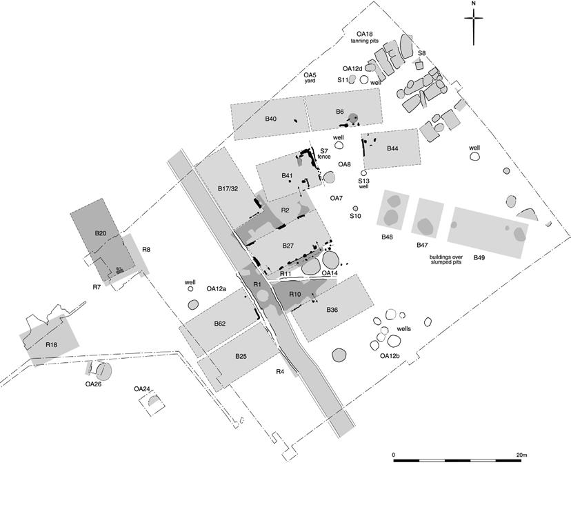 Fig.7 The Royal Opera House site in the mid-8 th century, showing the road (R1) and buildings aligned with it (B17/32, B20, B25, B27, B36, B62-B8) with a smaller alley (R11; the buildings to the rear