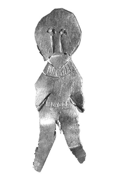 Fig. 7. A male figure cut out of thick gold foil, with a neck ring and a belt marked. 6:1.