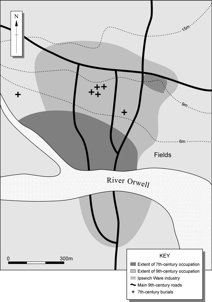 Fig. 3. Spatial development of the Ipswich settlement in the 7th to 9th centuries.