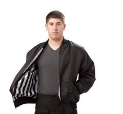 Traditional 100% polyester black and white striped outer shell with a water and wind resistant nylon inner shell to keep you dry and warm during inclement weather.