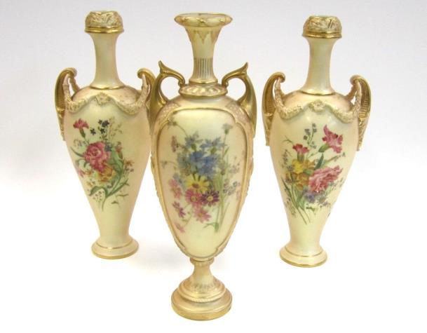 Painted with blackberries and apples, gilt interior and handle; together with a Royal Worcester fruit painted Saucer by Horace Price, painted with