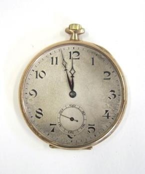 A 9ct gold slim open face Pocket Watch with Swiss movement, the silvered dial with Arabic numerals and subsidiary seconds dial, the case hallmarked for London, 1924, in a fitted case from Jays,