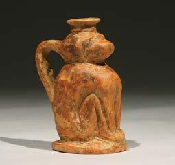 Squat lekythos with bulbous body on moulded ring foot with slender neck and funnel-shaped mouth. Neck, mouth and handle with restorations; ring foot worn; base with resealed fissure. Perfume flask.