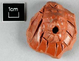 York Archaeological Trust 83 A lion-headed spout from a samian mortarium (Context 3203) A late red ware flanged hemispherical bowl with white painted stripes on the