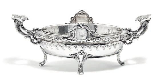 Fabergé in Moscow, marked with the Imperial Warrant as purveyor to the Imperial Russian Court, assayer Jacob Liapunov 1896-1903, 84 standard. Weight (excl. bowl) c. 654 gr. H. 13.5 cm. L. 35 cm.