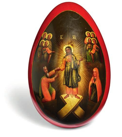 777 777 RUSSIAN ARTIST, 19TH CENTURY A Russian papier-mâché Easter egg, decorated in gold and colours, front with