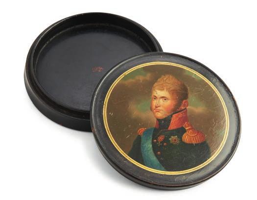 778 778 RUSSIAN LACQUER ARTIST, EARLY 19TH CENTURY A Russian black lacquer snuff box, decorated in colours and gold with a miniature bust-length portrait of Tsar Alexander I of Russia (1777-1825),
