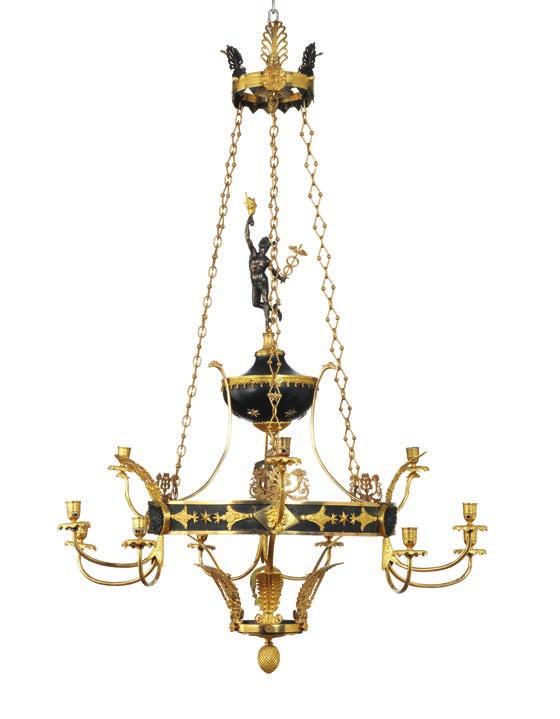 853 853 FRIEDERICH BERGENFELDT, ATTRIBUTED TO b. Germany 1760, d. St. Petersburg c. 1814 A Russian gilt and patinated bronze 12-light chandelier. Altered and parts replaced. St. Petersburg, early 19th century.