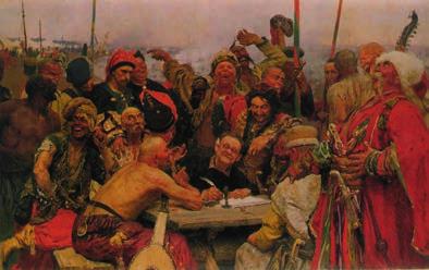 Ilya Repin: Reply of the Zaporozhian Cossacks to Sultan Mehmed IV of the Ottoman Empire. The first version from 1880-1891. (The State Russian Museum in St. Petersburg).