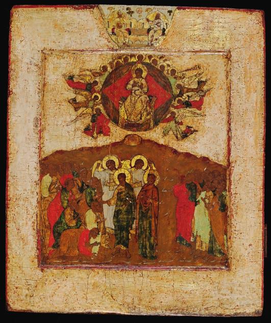 714 714 RUSSIAN ICON, 17TH CENTURY A Russian icon with an unusual depiction of the Ascension of Christ. The savior portrayed between Archangels, the Mother of God and Disciples.
