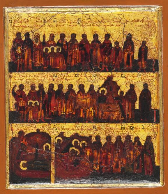 715 Cropped 715 RUSSIAN ICON, LATE 18TH CENTURY A very rare Russian double-sided tabletka depicting a calender month of celebrated saints and events in three registers.
